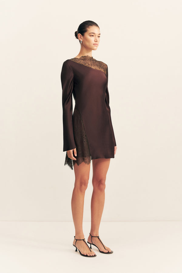 ALLEGRA LACE PANELLED MINI DRESS - ESPRESSO
