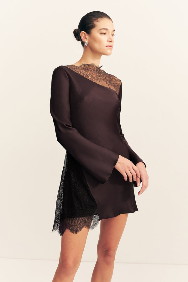 ALLEGRA LACE PANELLED MINI DRESS - ESPRESSO