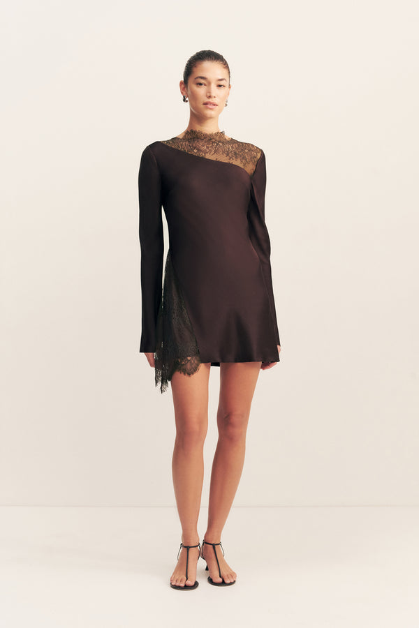 ALLEGRA LACE PANELLED MINI DRESS - ESPRESSO_F