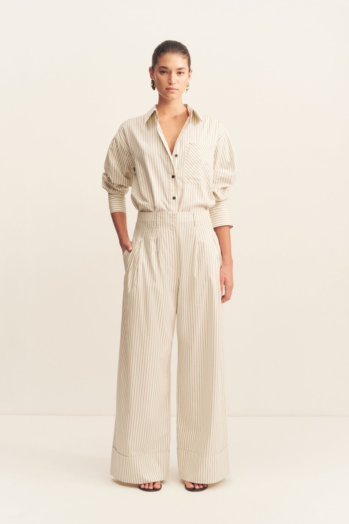 Hudson High Waisted Relaxed Pant | Blanc Pinstripe | Pants | Shona Joy