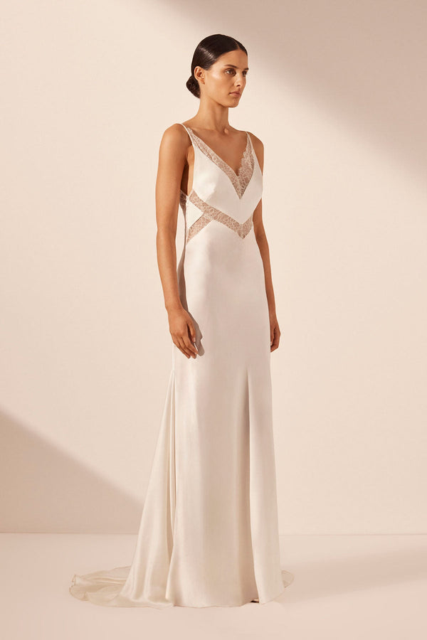 LA LUNE CUMULUS SILK PLUNGED LACE MAXI DRESS - IVORY_A