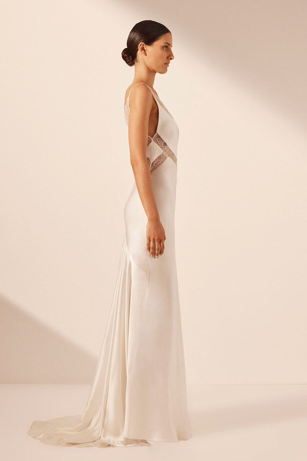 LA LUNE CUMULUS SILK PLUNGED LACE MAXI DRESS - IVORY_S