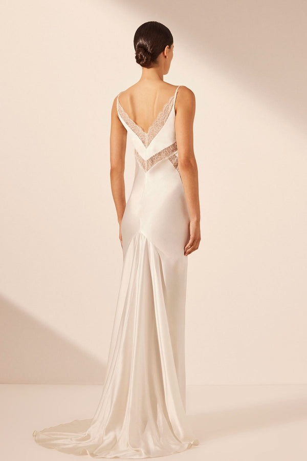 LA LUNE CUMULUS SILK PLUNGED LACE MAXI DRESS - IVORY_B