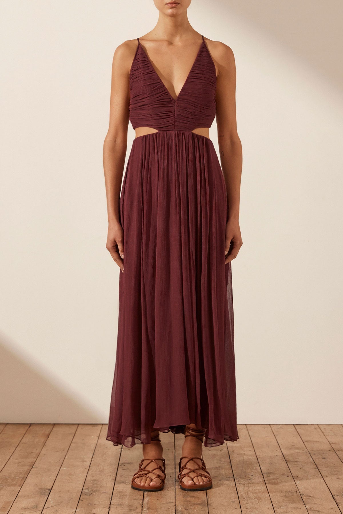 Marquis Ruched Cut Out Midi Dress Deep Wine Dresses Shona Joy