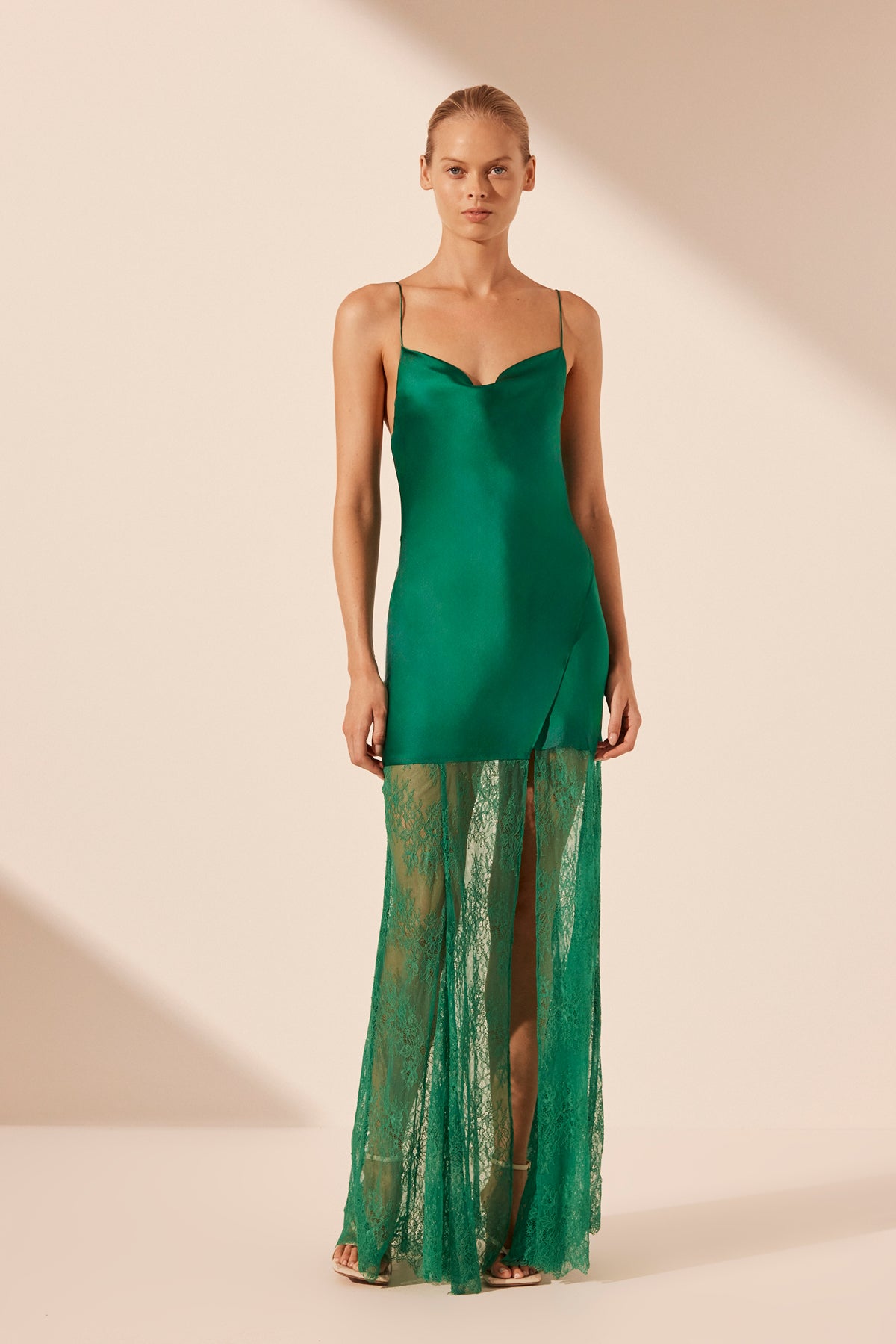 ELLE SILK LACE COWL MAXI DRESS EMERALD GREEN DRESSES SHONA JOY Shona Joy