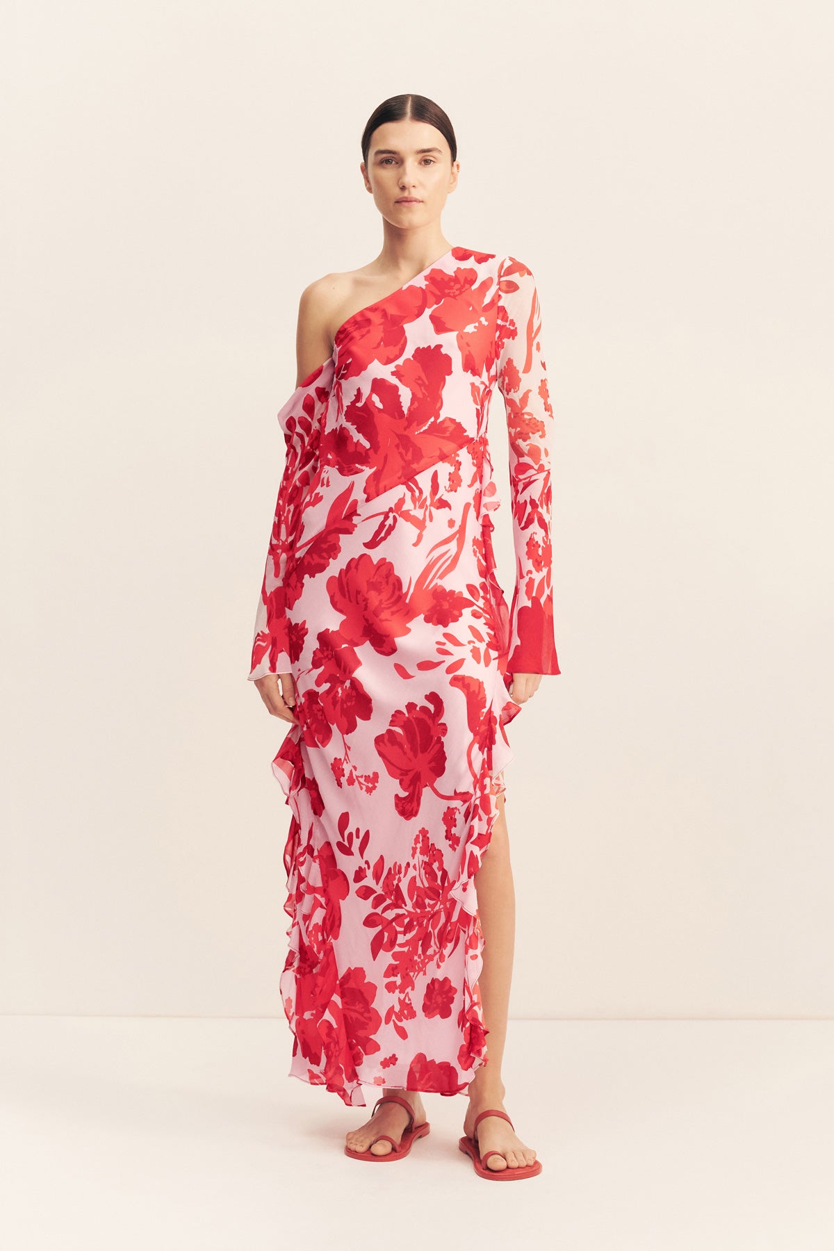 alayna long-sleeve ruffled split maxi dress product info and reviews Aleyna Long Sleeve Ruffle Maxi Dress | Geranium Red | Dresses