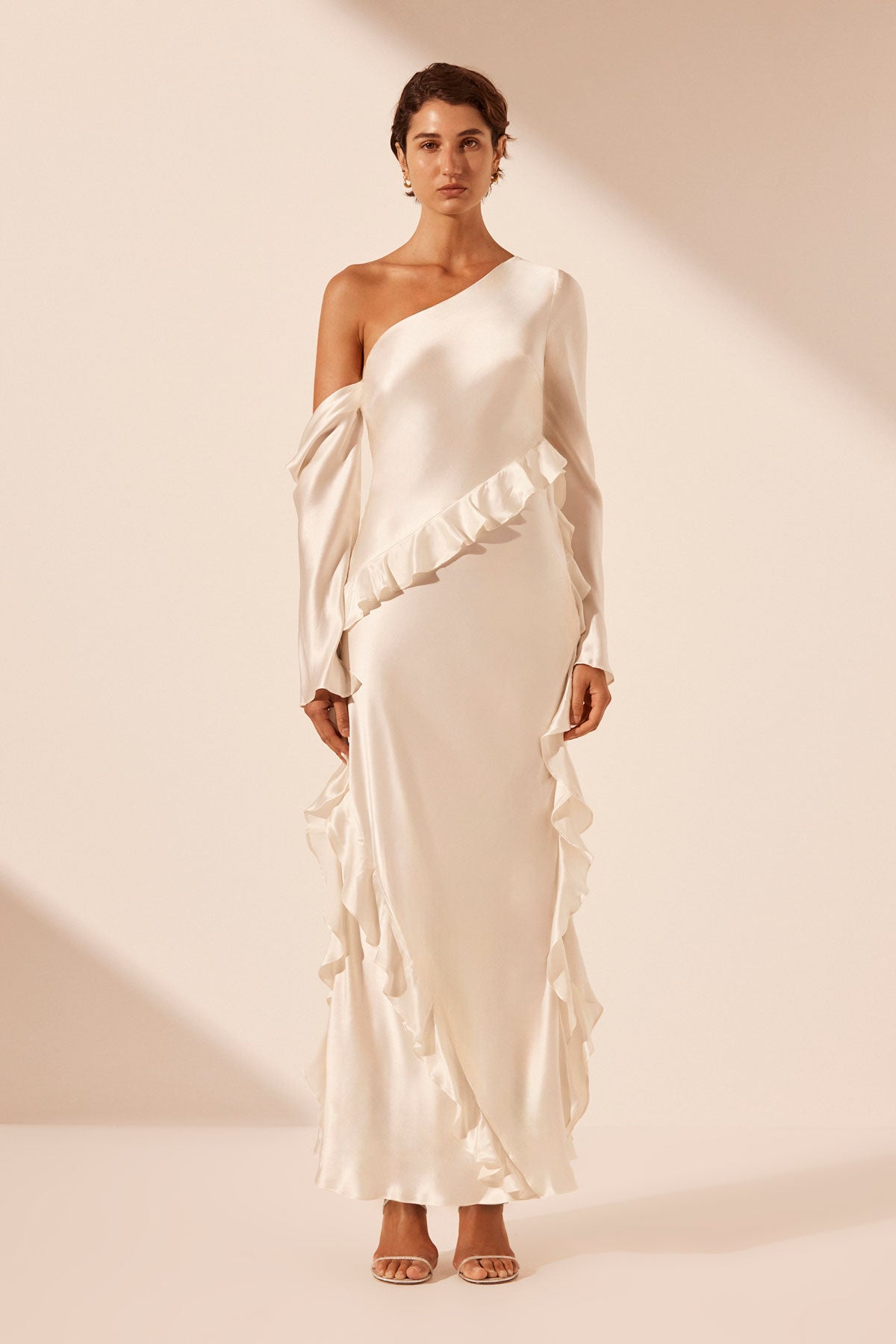 LOUELLA SILK ASYMMETRICAL LONG SLEEVE RUFFLE MAXI DRESS IVORY DRESSES SHONA JOY Shona Joy