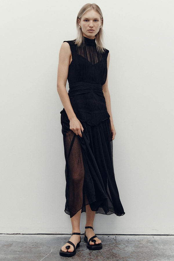 CLEMENCE HIGH NECK MIDI DRESS - BLACK_C