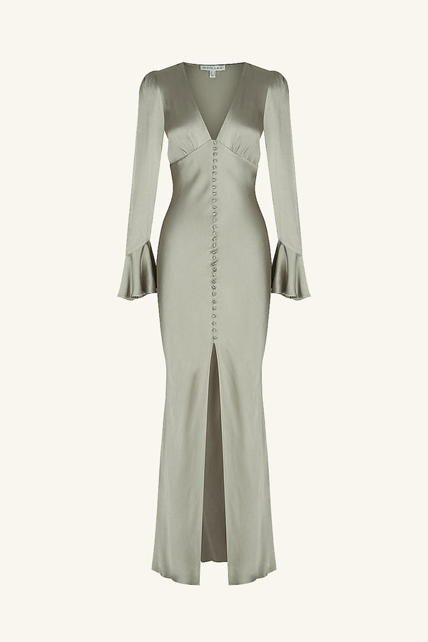 LA LUNE FRILL CUFF BIAS MIDI DRESS - SAGE_G