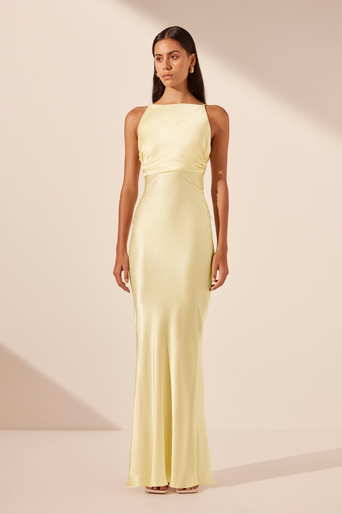 la lune high neck ruched maxi dress La Lune High Neck Ruched Maxi Dress | Lemon | Dresses