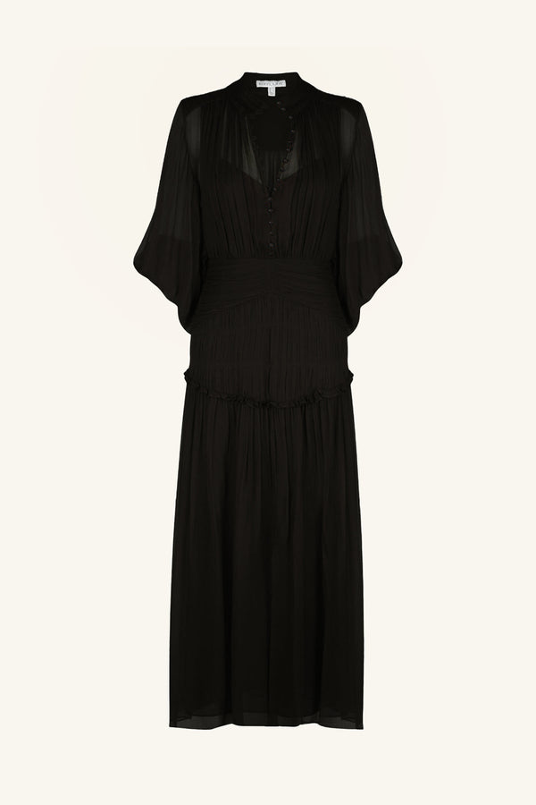 SAFIRA BUTTON UP RUCHED MIDI DRESS - BLACK_G
