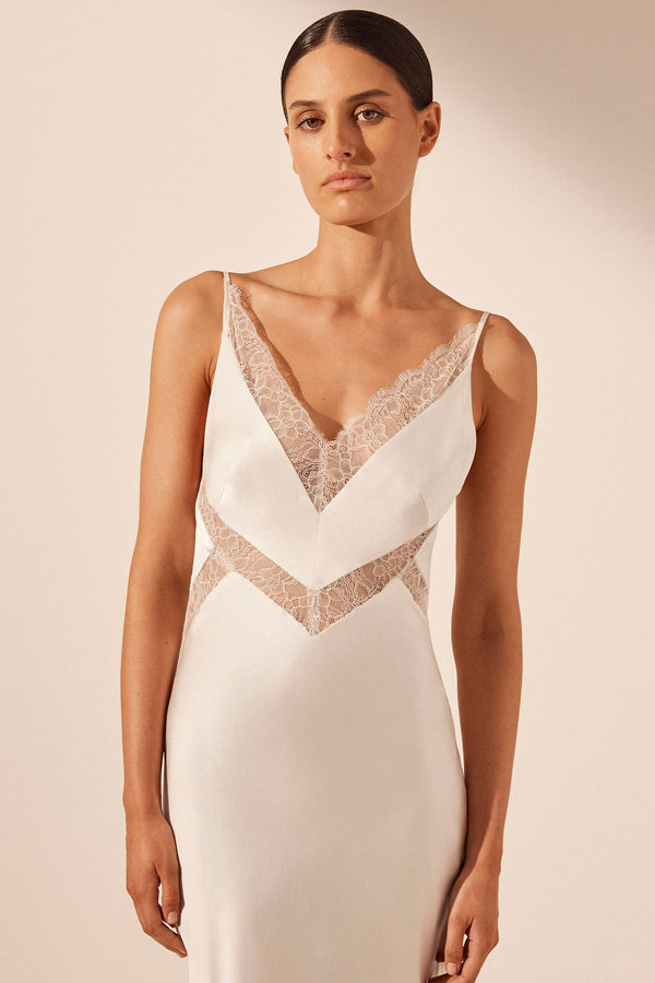 LA LUNE CUMULUS SILK PLUNGED LACE MAXI DRESS - IVORY_D