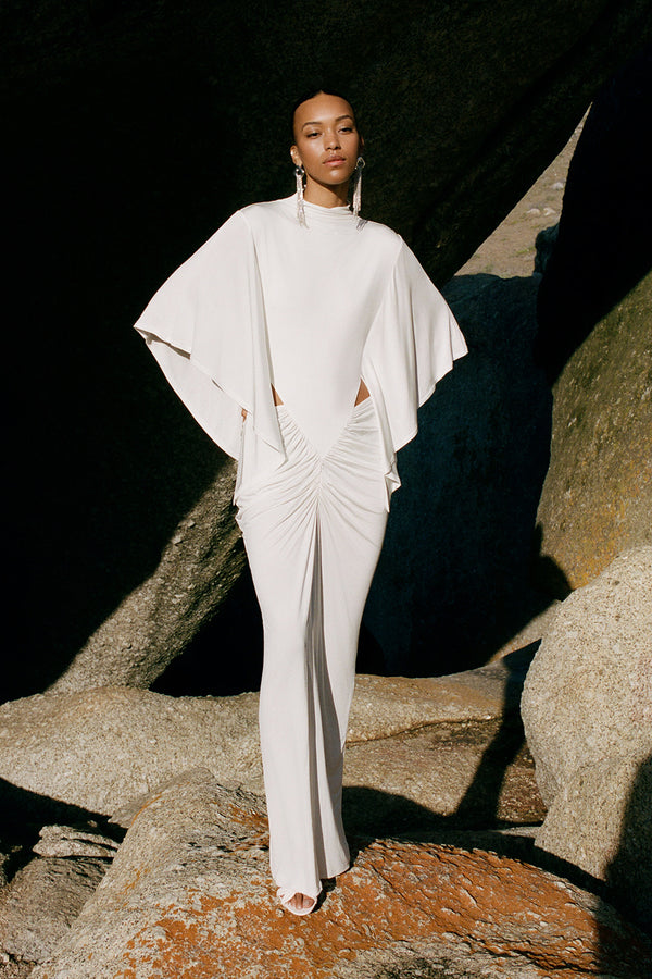MIRO SLINKY JERSEY CAPE DRAPED MAXI DRESS - IVORY