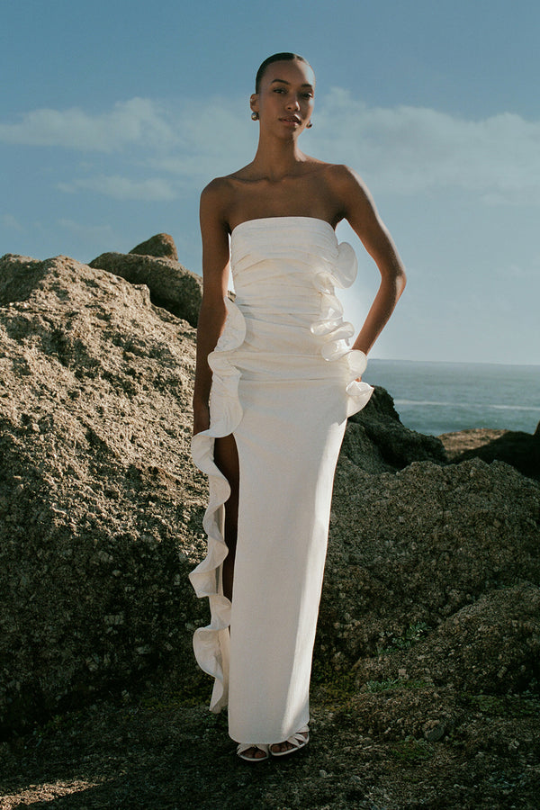 CAMPBELL RUFFLE SIDE SPLIT MAXI DRESS - IVORY