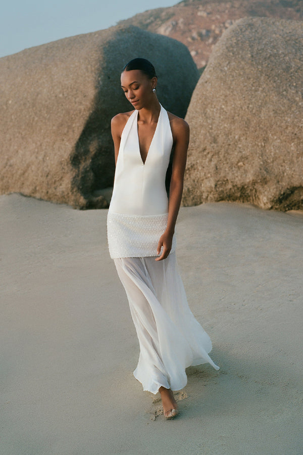 BIANCA HALTER PLUNGED MAXI DRESS - IVORY