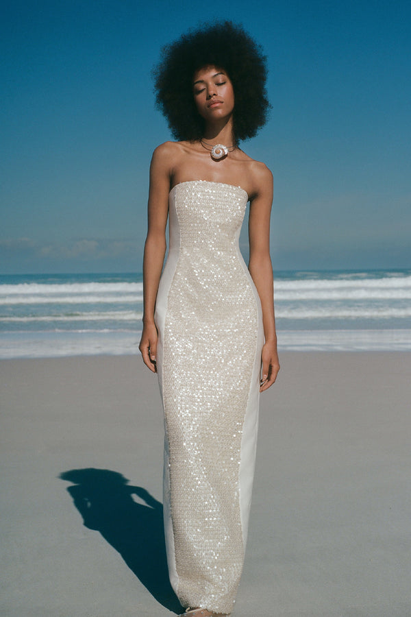 ELUNA PANELLED SEQUIN MAXI DRESS - MACADAMIA