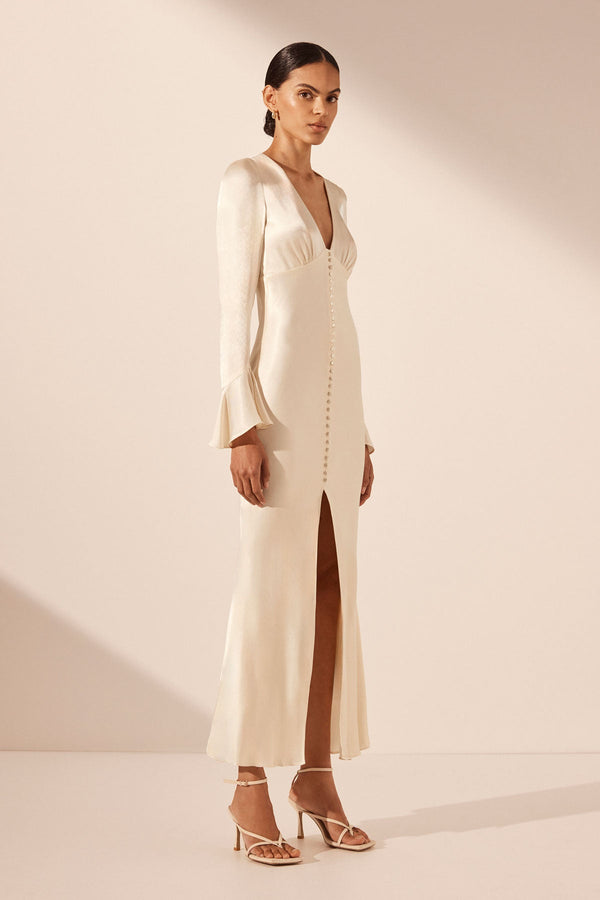 LA LUNE FRILL CUFF BIAS MIDI DRESS - CREAM_A