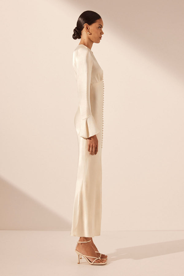 LA LUNE FRILL CUFF BIAS MIDI DRESS - CREAM_S