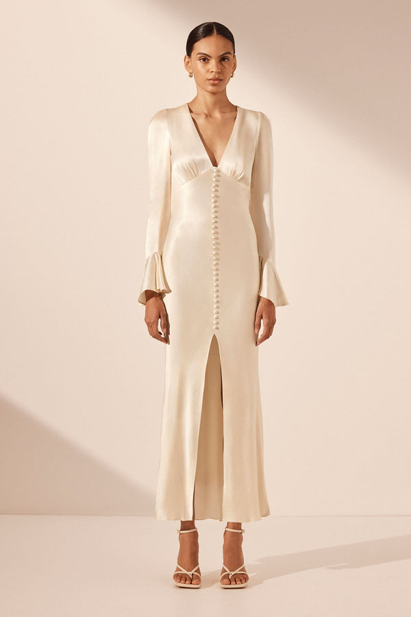 LA LUNE FRILL CUFF BIAS MIDI DRESS - CREAM_F