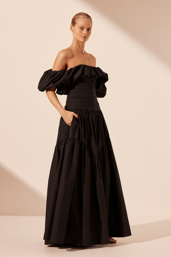 MAIORI OFF SHOULDER RUCHED BODICE MAXI DRESS BLACK DRESSES