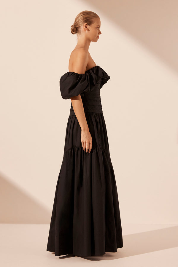 MAIORI OFF SHOULDER RUCHED BODICE MAXI DRESS - BLACK_S