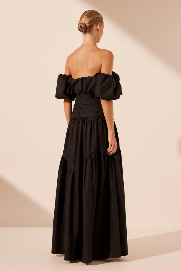 MAIORI OFF SHOULDER RUCHED BODICE MAXI DRESS - BLACK_B