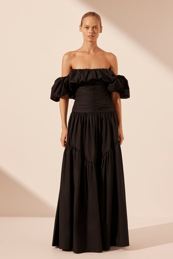 MAIORI OFF SHOULDER RUCHED BODICE MAXI DRESS - BLACK_F