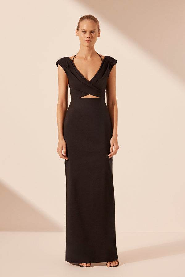 LANI CROSS FRONT RUCHED MAXI DRESS - BLACK_F