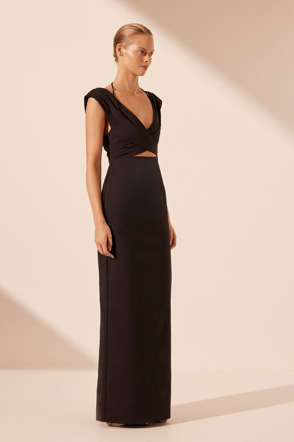 LANI CROSS FRONT RUCHED MAXI DRESS - BLACK_A