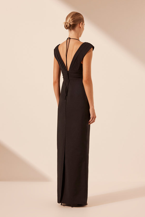 LANI CROSS FRONT RUCHED MAXI DRESS - BLACK_B