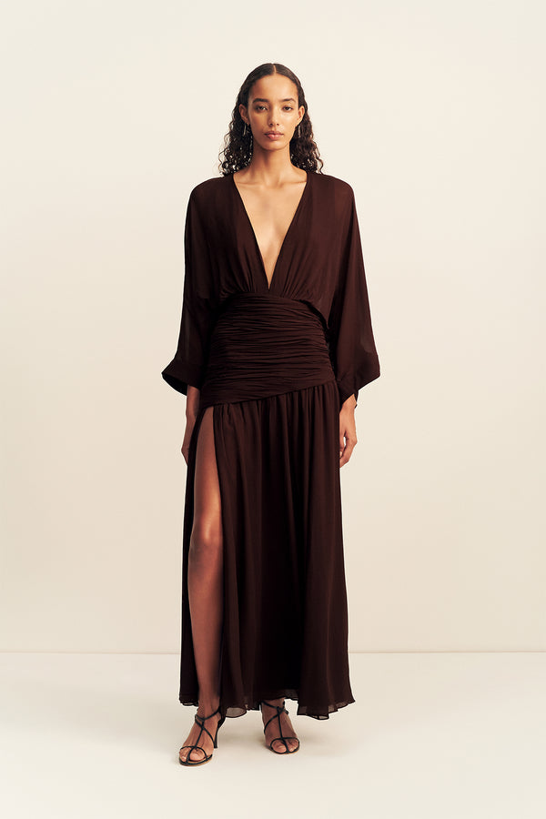 AMINA FLARED SLEEVE PLUNGED MAXI DRESS - RISTRETTO