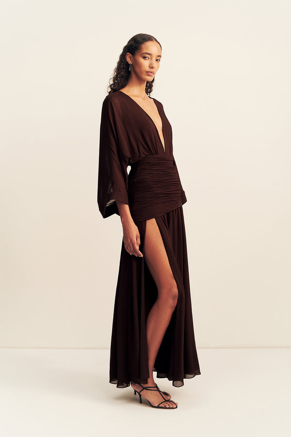 AMINA FLARED SLEEVE PLUNGED MAXI DRESS - RISTRETTO