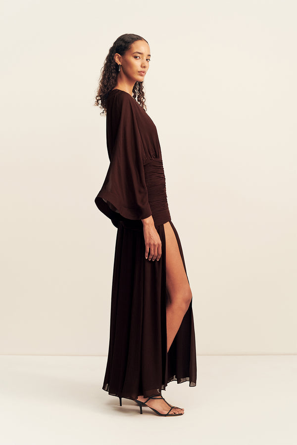 AMINA FLARED SLEEVE PLUNGED MAXI DRESS - RISTRETTO
