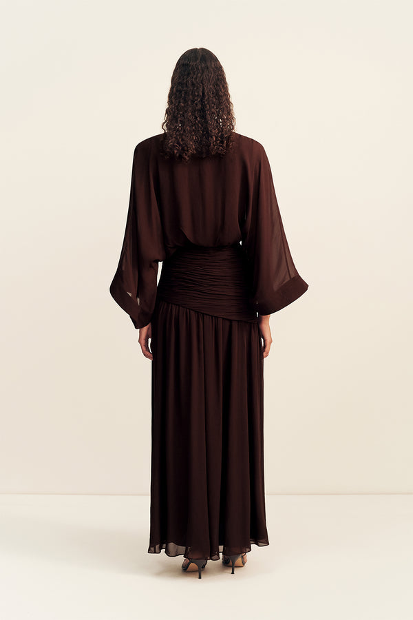 AMINA FLARED SLEEVE PLUNGED MAXI DRESS - RISTRETTO