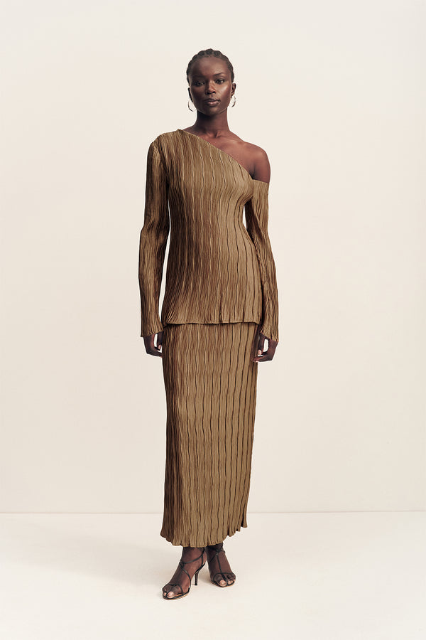 LEDA ASYMMETRICAL LONG SLEEVE TOP - OAK_F