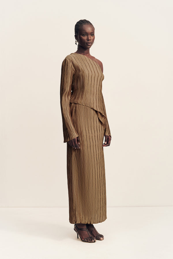 LEDA TEXTURED SATIN LONG SLEEVE TOP - OAK