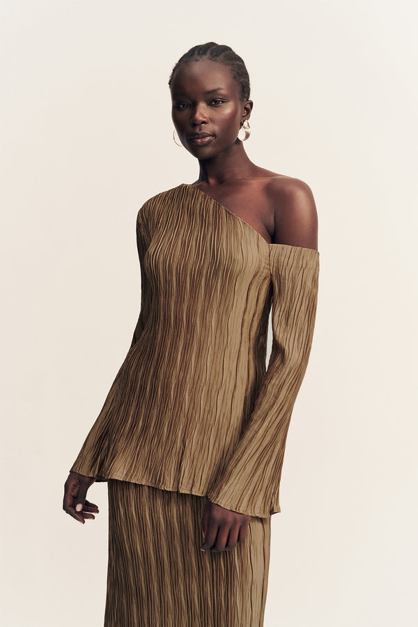 LEDA TEXTURED SATIN LONG SLEEVE TOP - OAK