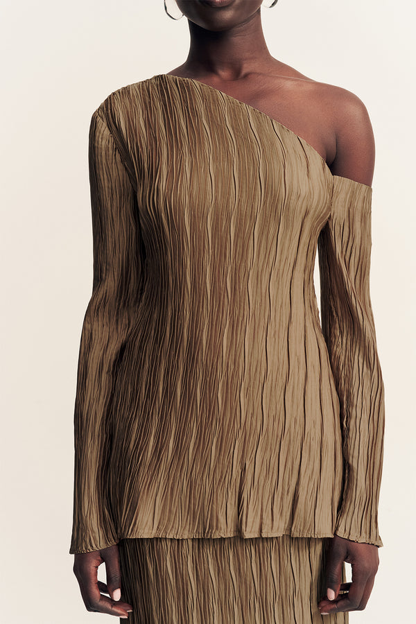 LEDA TEXTURED SATIN LONG SLEEVE TOP - OAK
