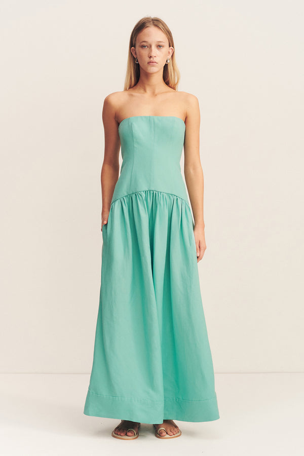 ALEC LINEN STRAPLESS PANELLED MAXI DRESS - POOL BLUE_F