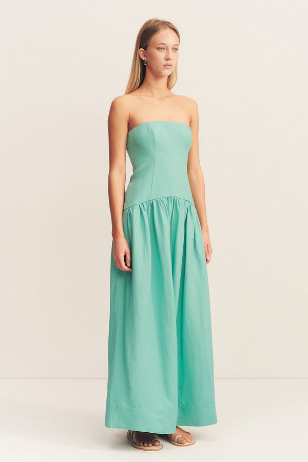 ALEC LINEN STRAPLESS PANELLED MAXI DRESS - POOL BLUE_A