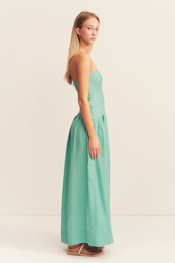 ALEC LINEN STRAPLESS PANELLED MAXI DRESS - POOL BLUE_S