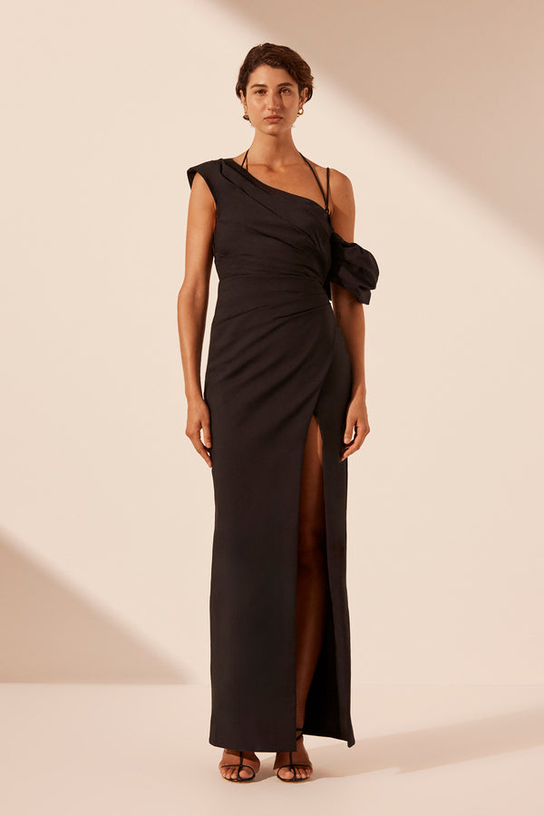 LANI ASYMMETRICAL DRAPED MAXI DRESS - BLACK_F
