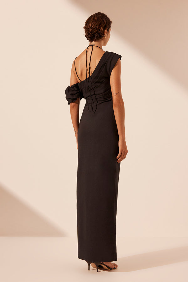 LANI ASYMMETRICAL DRAPED MAXI DRESS - BLACK_B