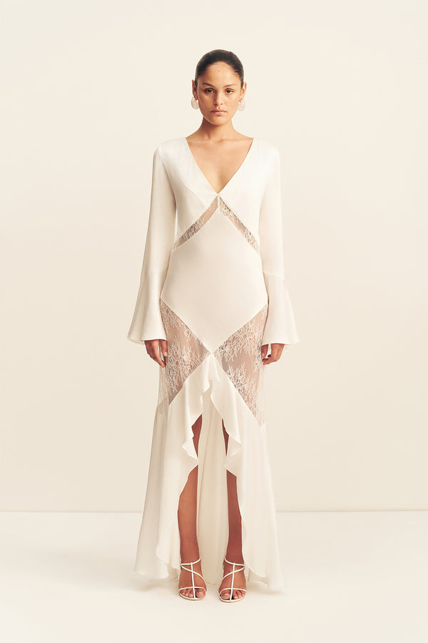 LABYRINTH SPLIT LACE MAXI DRESS - IVORY_F