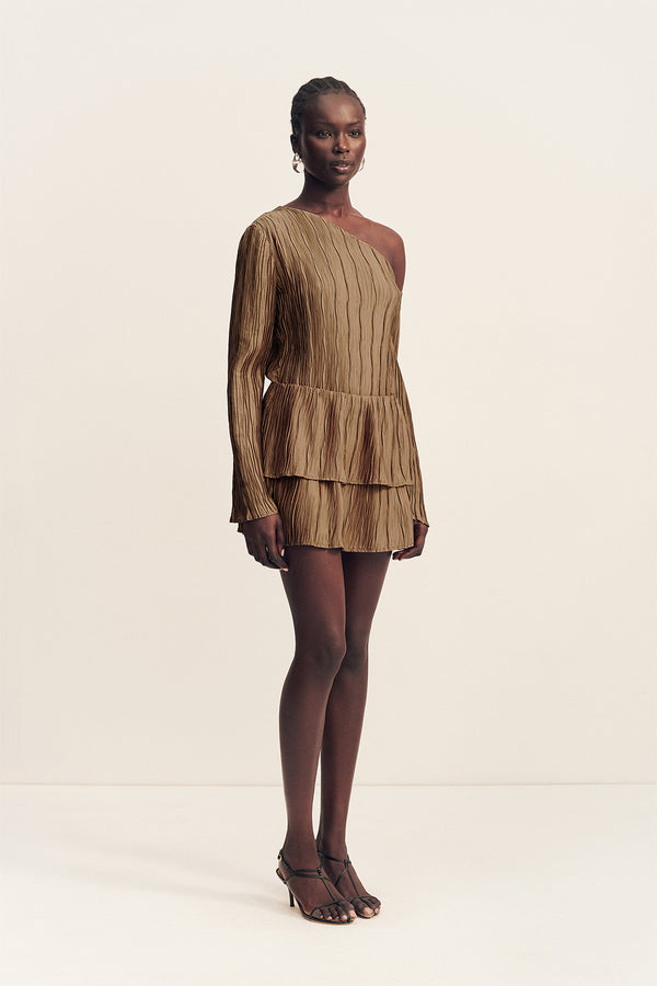 LEDA TEXTURED SATIN LAYERED MINI SKIRT - OAK