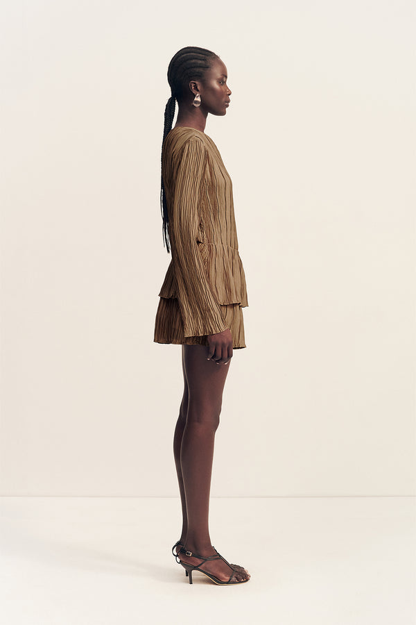 LEDA TEXTURED SATIN LAYERED MINI SKIRT - OAK