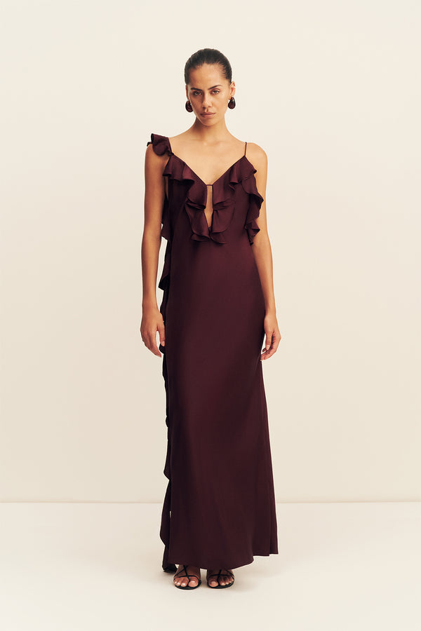 AGNES RUFFLE SLIP BIAS MAXI DRESS - WINE TASTING_F