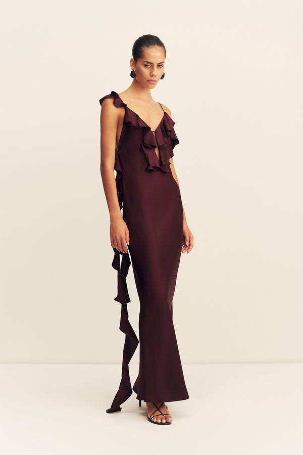 AGNES RUFFLE SLIP BIAS MAXI DRESS - WINE TASTING