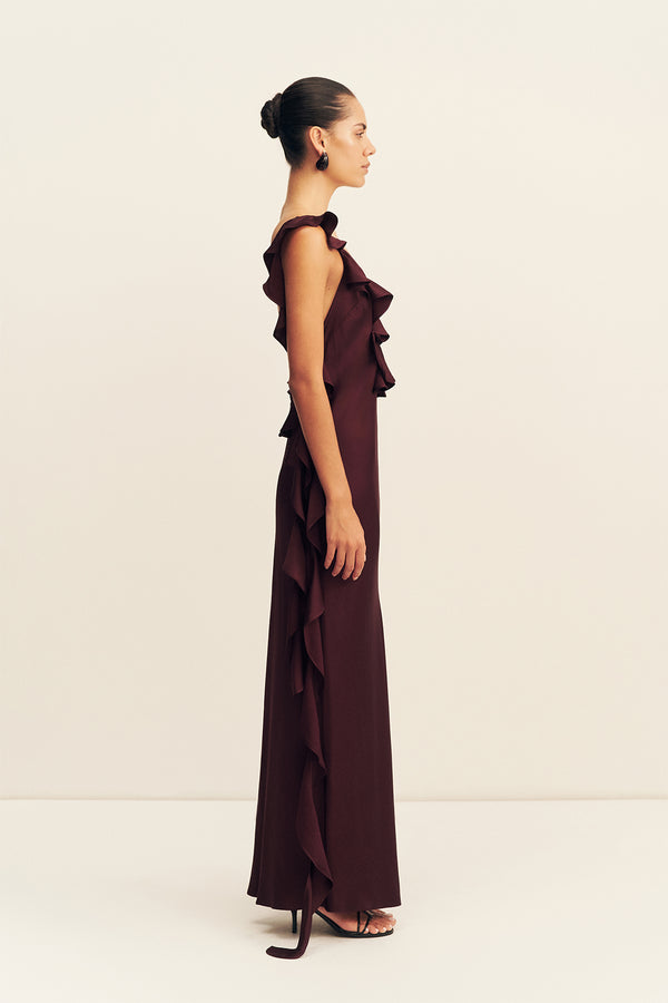 AGNES RUFFLE SLIP BIAS MAXI DRESS - WINE TASTING