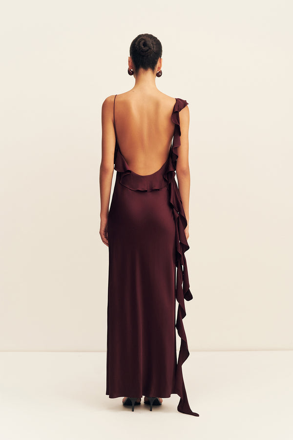 AGNES RUFFLE SLIP BIAS MAXI DRESS - WINE TASTING